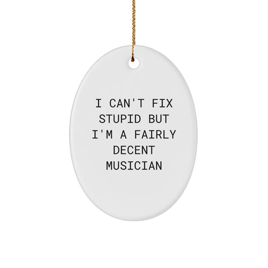 Funny Musician Gifts from Friends for Christmas - Oval Ornament I Can't Fix Stupid But I'm A Fairly Decent Musician - Image 1