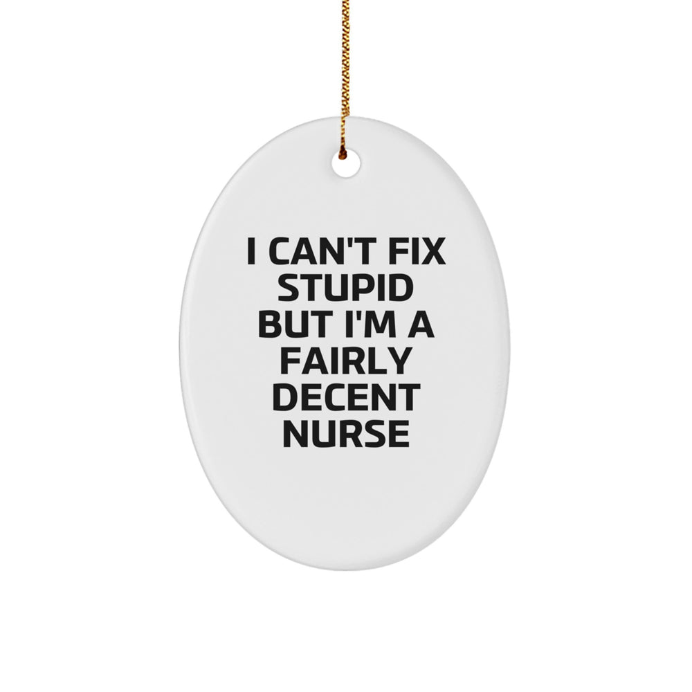 Funny Nurse Gifts from Friends and Family - Oval Ornament with 'I Can't Fix Stupid But I'm A Fairly Decent Nurse' Quote for Christmas - Image 1