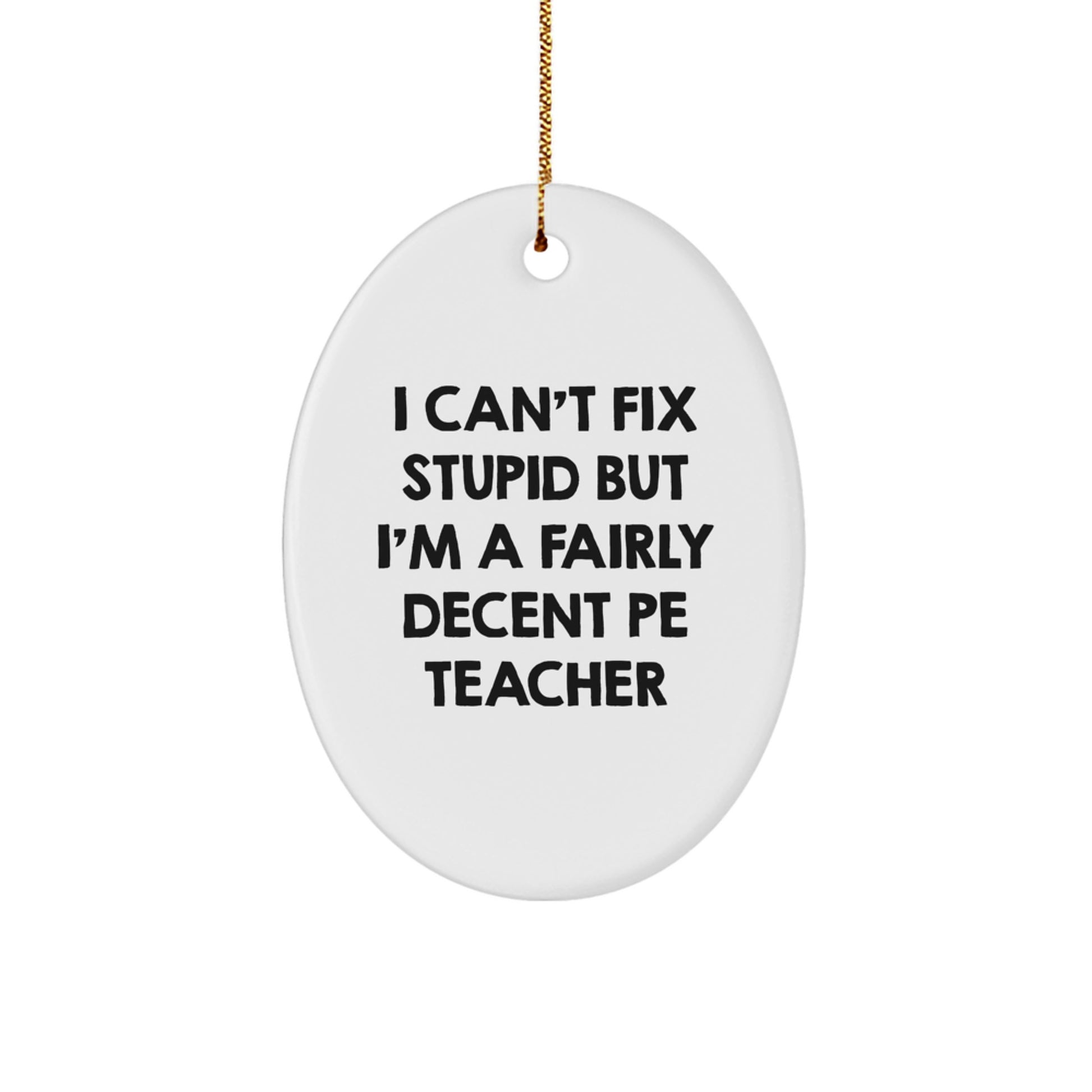 Funny PE Teacher Gifts from Friends for Christmas - 'I Can't Fix Stupid But I'm A Fairly Decent PE Teacher' Oval Ornament - Image 1