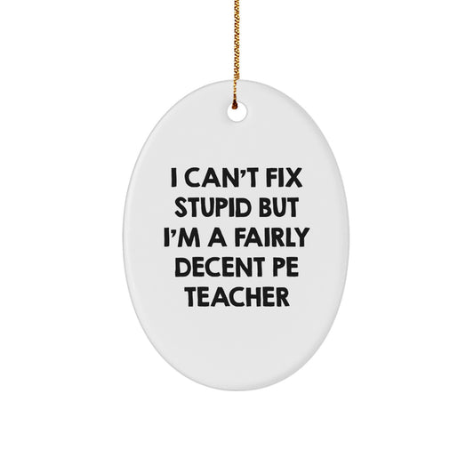 Funny PE Teacher Gifts from Friends for Christmas - 'I Can't Fix Stupid But I'm A Fairly Decent PE Teacher' Oval Ornament - Image 1
