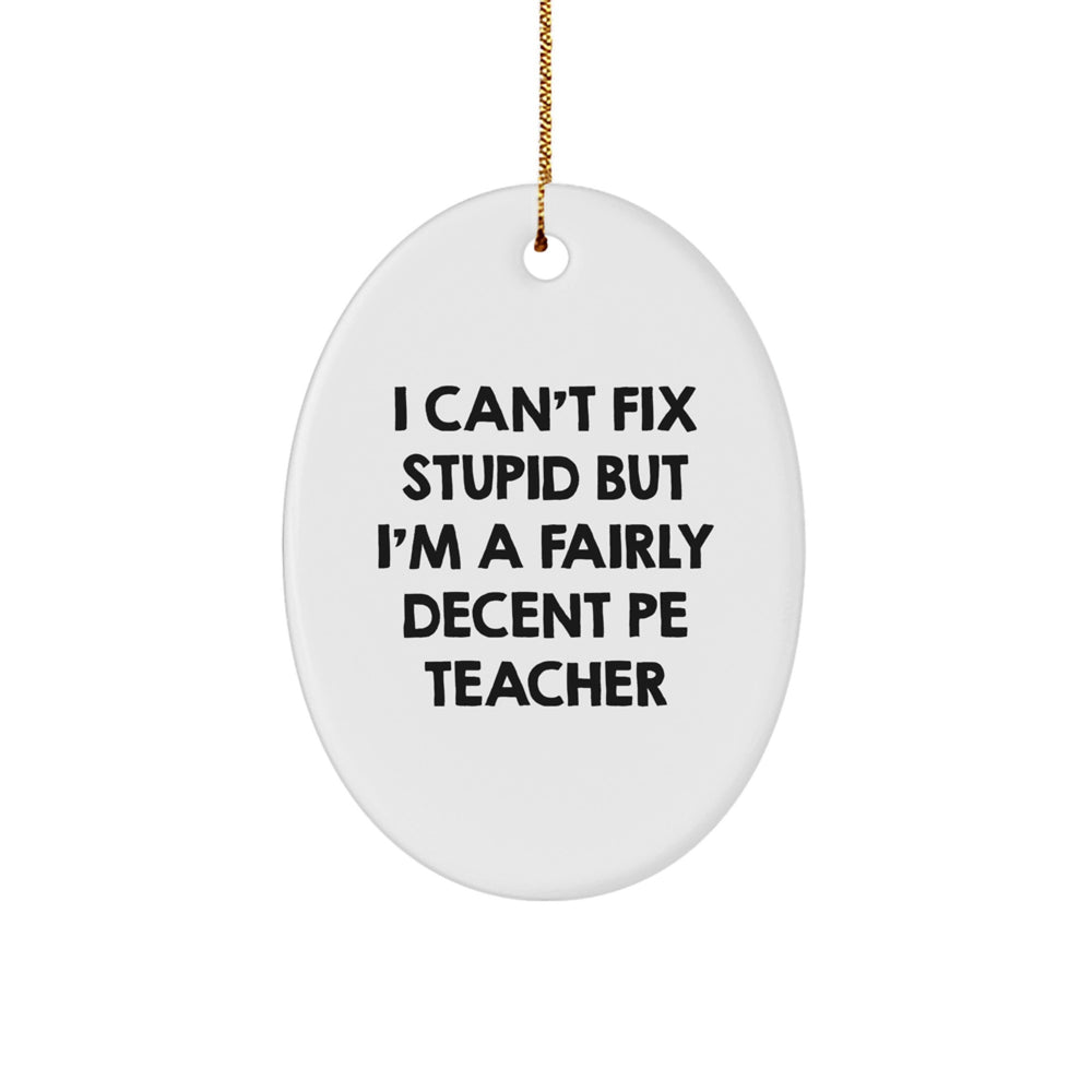 Funny PE Teacher Gifts from Friends for Christmas - 'I Can't Fix Stupid But I'm A Fairly Decent PE Teacher' Oval Ornament - Image 1
