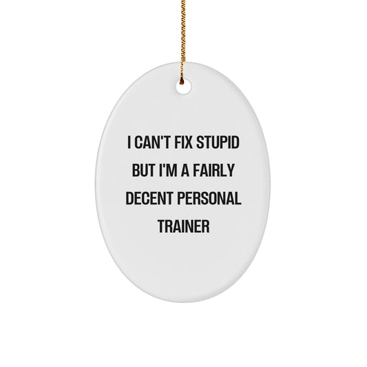 Personal Trainer Gifts from Friends for Christmas - Funny Oval Ornament I Can't Fix Stupid But I'm A Fairly Decent Personal Trainer - Image 1