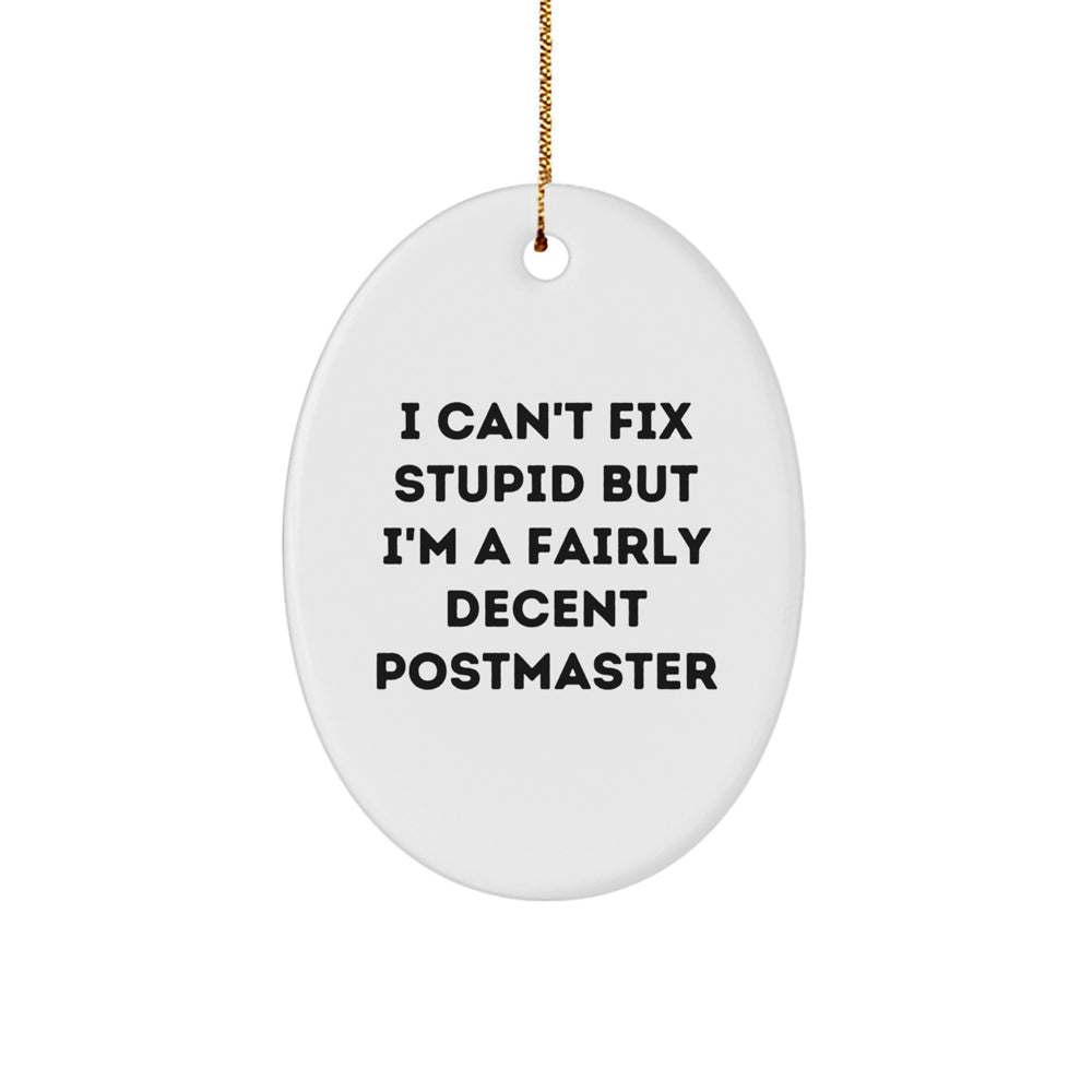 Funny Postmaster Gifts: Postmaster Oval Ornament, 'I Can't Fix Stupid But I'm A Fairly Decent Postmaster' Quote, Christmas Unique Gifts from Men to Coworkers, Family or Friends - Image 1