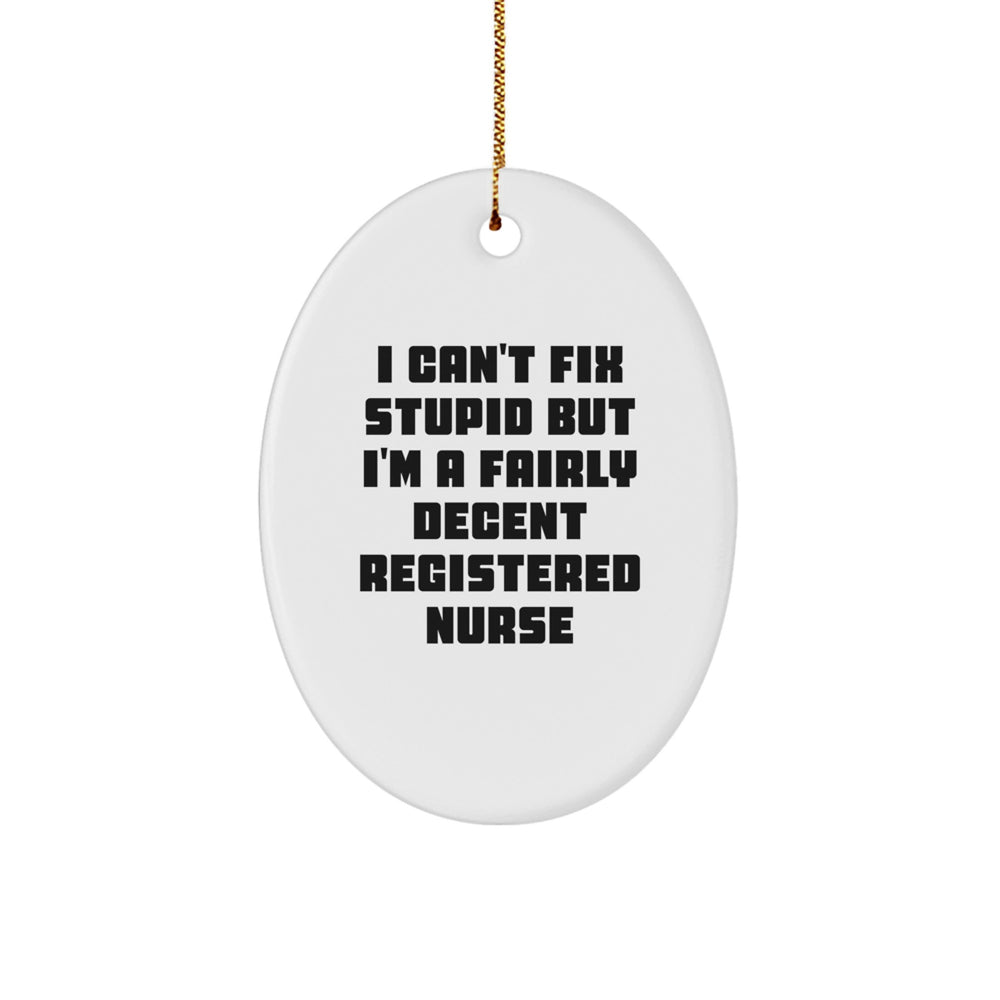 Funny Registered Nurse Gifts for Christmas, Oval Ornament with 'I Can't Fix Stupid But I'm A Fairly Decent Registered Nurse', Unique Christmas Unique Gifts from Friends to Family - Image 1