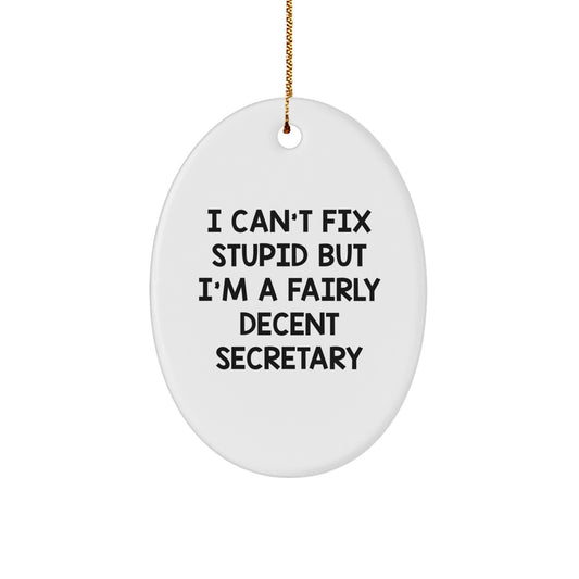 Funny Secretary Gift I Can't Fix Stupid But I'm A Fairly Decent Secretary Oval Ornament, Gifts from Friends and Family for Secretary, Christmas Unique Gifts - Image 1