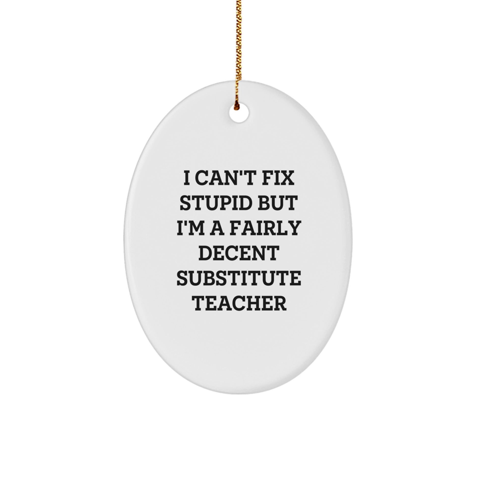 Funny Substitute Teacher Gifts for Christmas - 'I Can't Fix Stupid But I'm A Fairly Decent Substitute Teacher' Oval Ornament Gifts from Friends to Family - Image 1