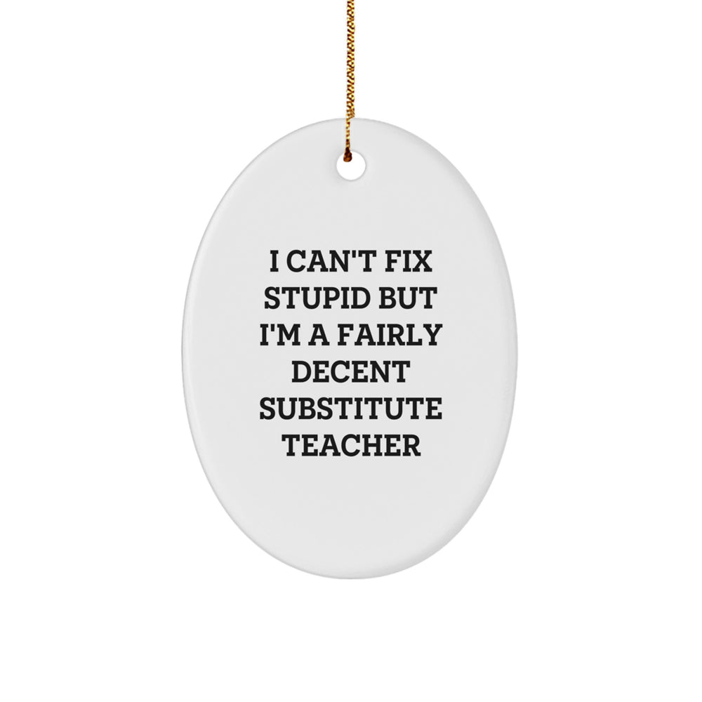 Funny Substitute Teacher Gifts for Christmas - 'I Can't Fix Stupid But I'm A Fairly Decent Substitute Teacher' Oval Ornament Gifts from Friends to Family - Image 1