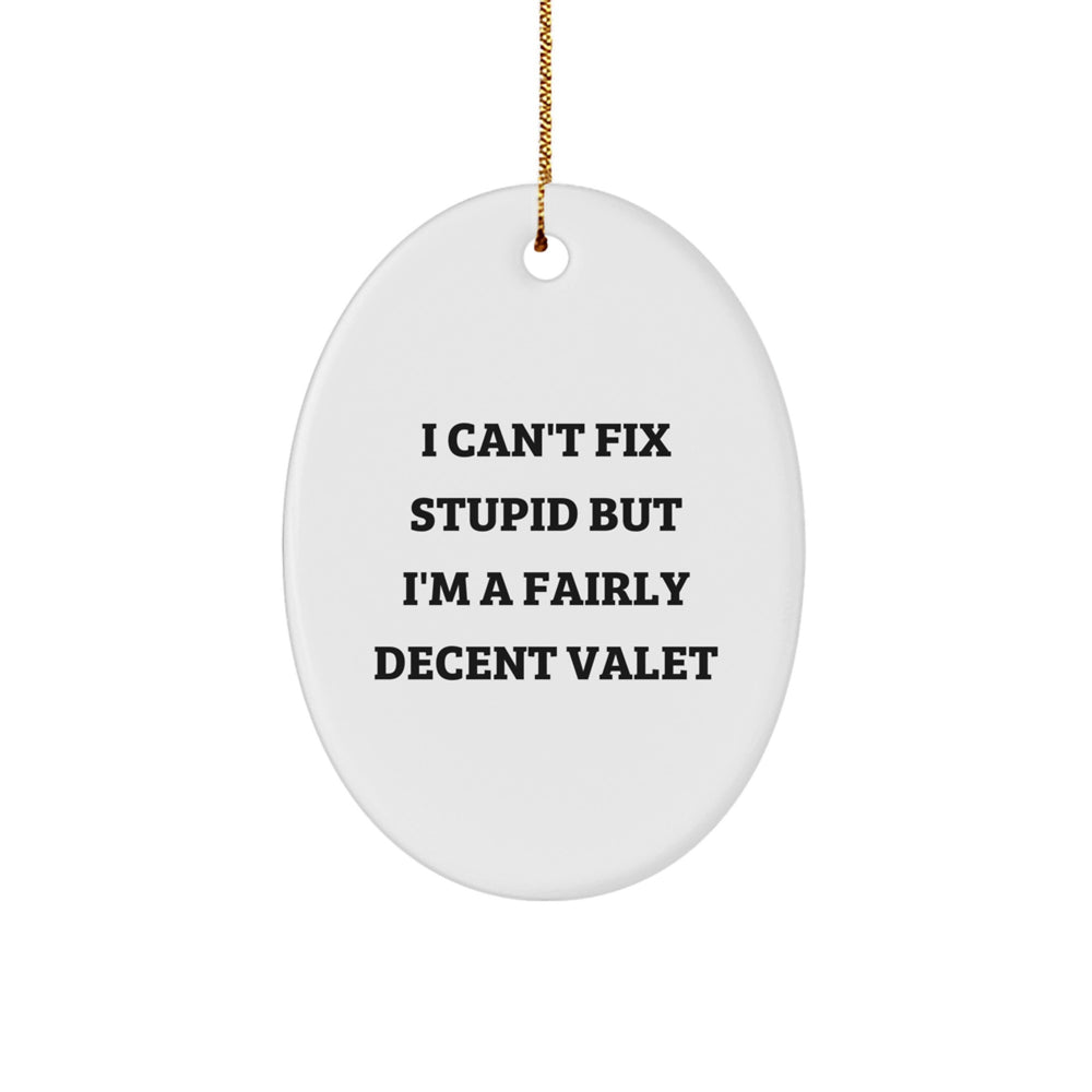 Funny Valet Gifts from Friends and Family - I Can't Fix Stupid But I'm A Fairly Decent Valet Oval Ornament, Christmas Unique Presents for Men and Women - Image 1
