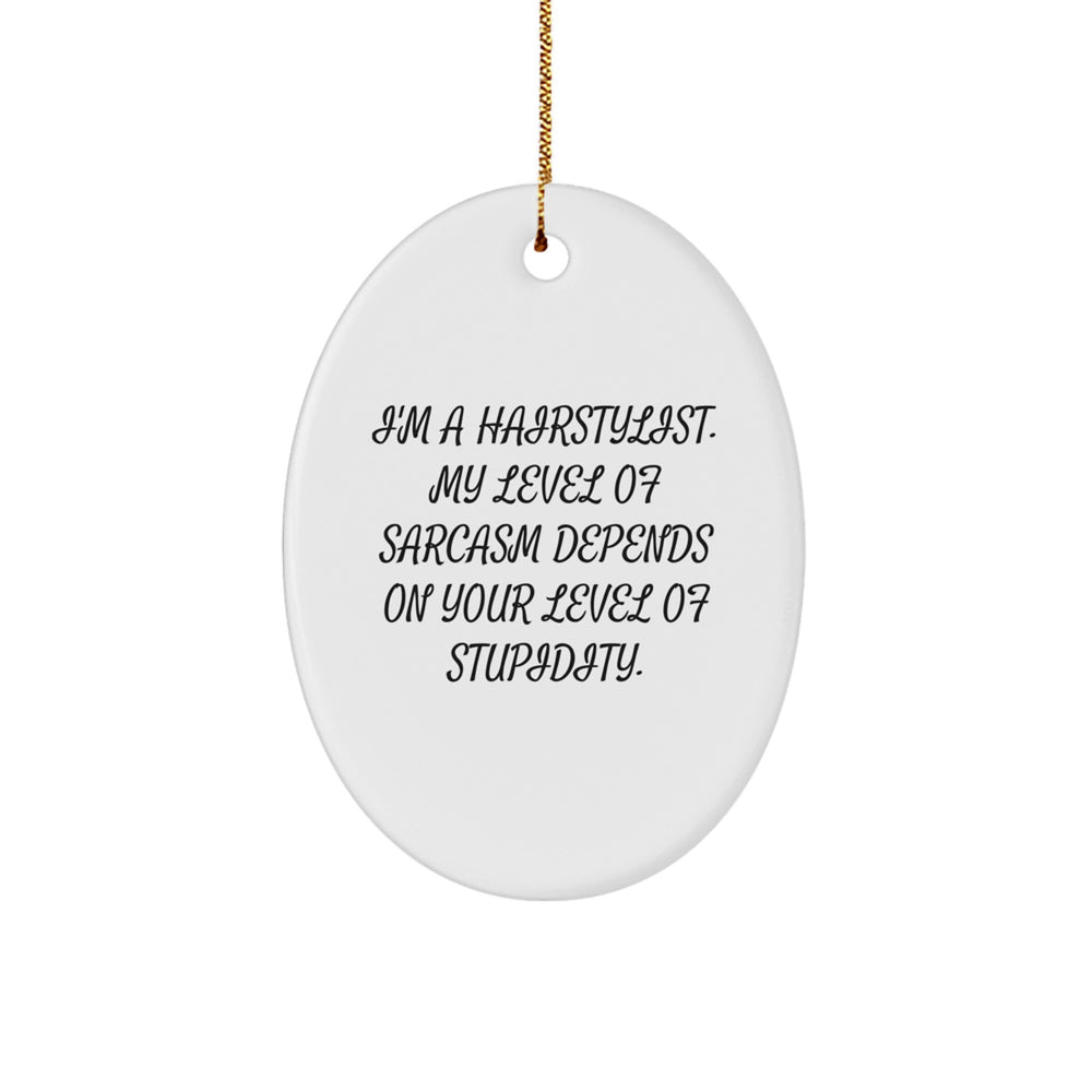 Funny Hairstylist Christmas Oval Ornament Gifts from Friends and Family, 'I'm A Hairstylist My Level Of Sarcasm Depends On Your Level Of Stupidity', Oval Decorations for Hairstylist Men and Women - Image 1
