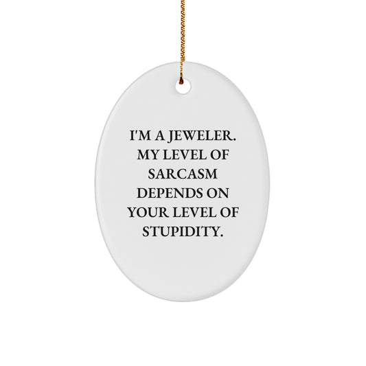 Funny Jeweler Gifts from Friends, Christmas Unique Oval Ornament for Jeweler, I'm A Jeweler. My Level Of Sarcasm Depends On Your Level Of Stupidity. - Image 1