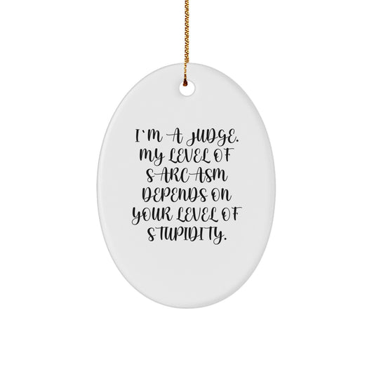 Funny Judge Oval Ornament, Gifts from Friends for Judge, Judge Christmas Unique Gifts, Oval Shape Judge Ornament, 'I'm A Judge. My Level Of Sarcasm Depends On Your Level Of Stupidity.' - Image 1