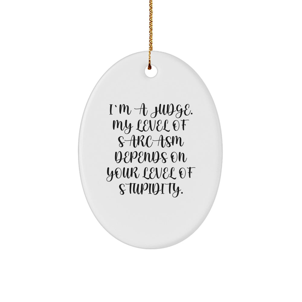 Funny Judge Oval Ornament, Gifts from Friends for Judge, Judge Christmas Unique Gifts, Oval Shape Judge Ornament, 'I'm A Judge. My Level Of Sarcasm Depends On Your Level Of Stupidity.' - Image 1