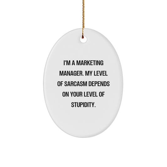 Funny Marketing Manager Christmas Unique Gifts for Men from Coworkers, Oval Ornament Quote: 'I'm A Marketing Manager. My Level Of Sarcasm Depends On Your Level Of Stupidity.' - Image 1