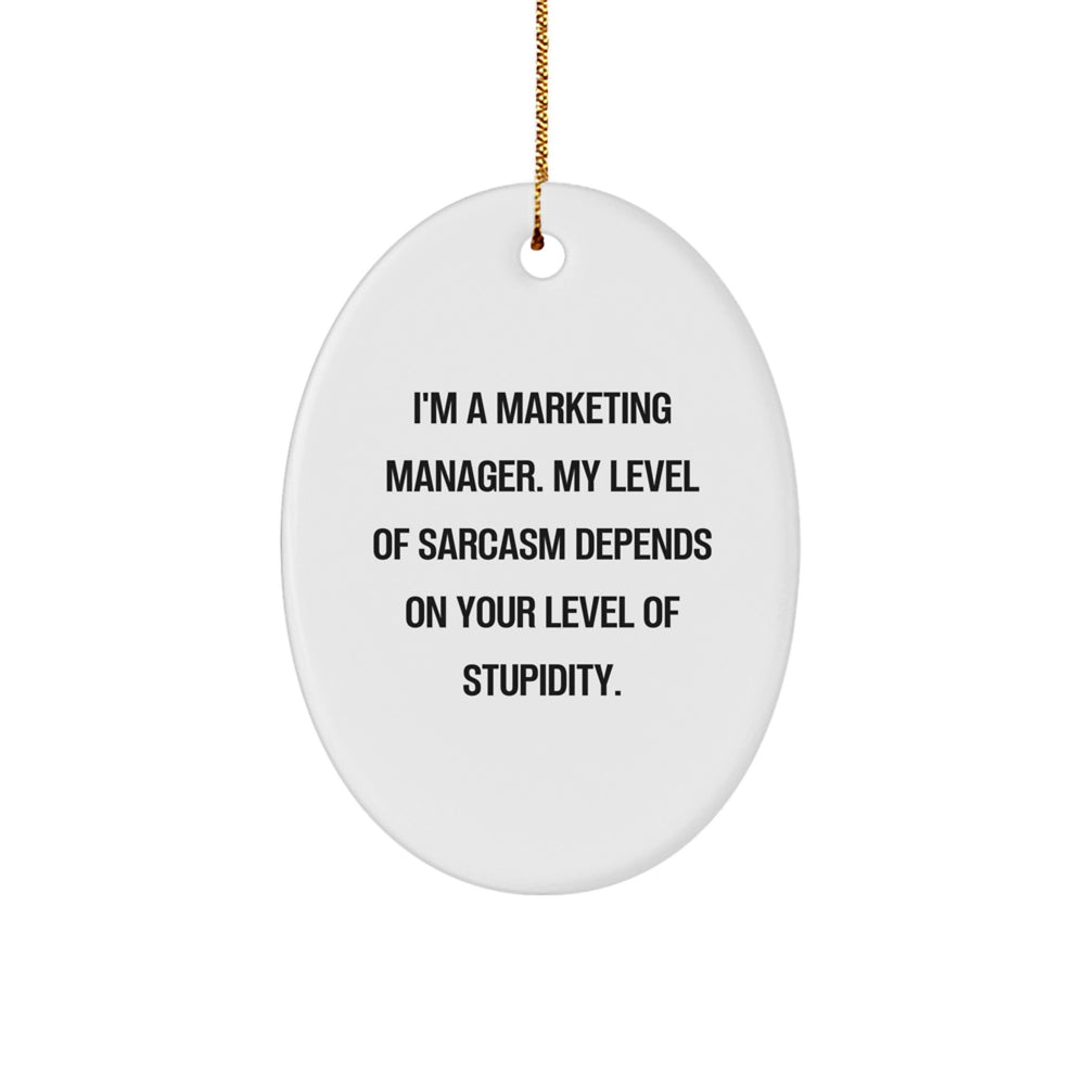 Funny Marketing Manager Christmas Unique Gifts for Men from Coworkers, Oval Ornament Quote: 'I'm A Marketing Manager. My Level Of Sarcasm Depends On Your Level Of Stupidity.' - Image 1