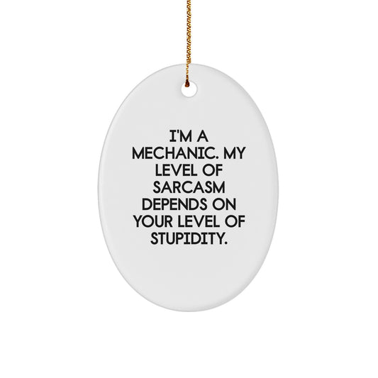 Funny Mechanic Gifts from Men to Friends, Oval Ornament for Mechanic Christmas Unique Decorations - Sarcasm Level Depends on Your Level of Stupidity - Image 1