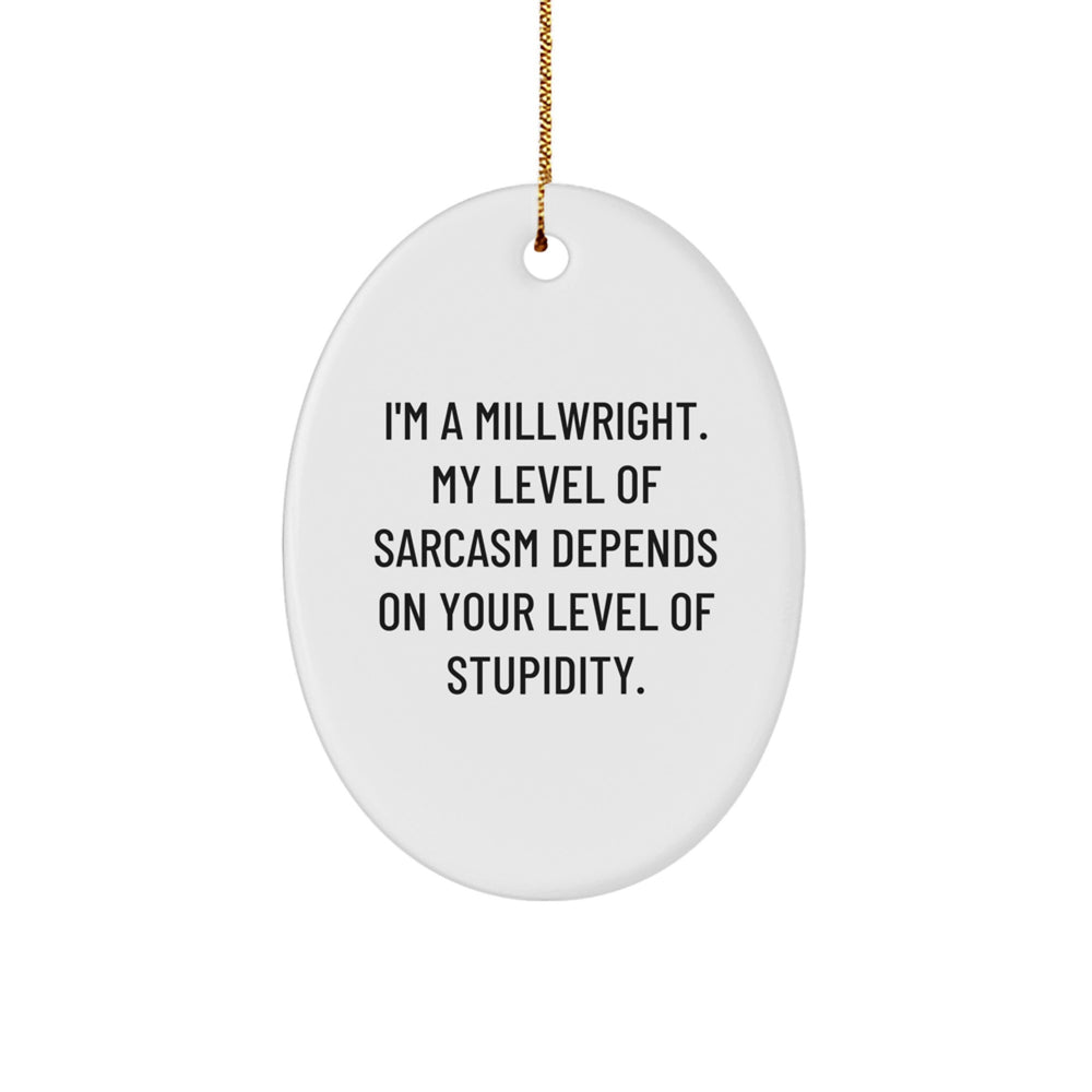 Funny Millwright Gifts from Friends for Men, 'I'm A Millwright. My Level Of Sarcasm Depends On Your Level Of Stupidity.' Oval Ornament, Christmas Unique Gifts - Image 1