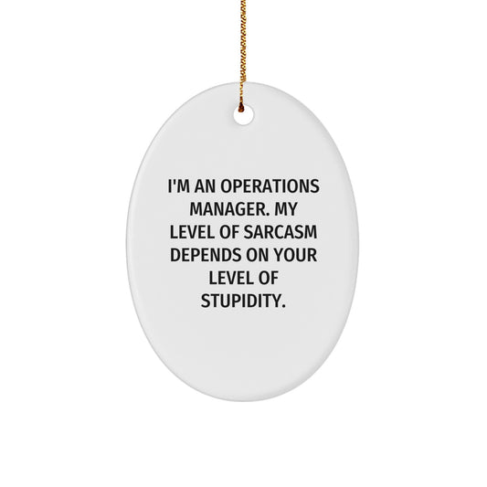 Funny Operations Manager Gifts for Men, Oval Ornament from Friends, 'I'm An Operations Manager. My Level Of Sarcasm Depends On Your Level Of Stupidity.' Christmas Unique Gifts - Image 1