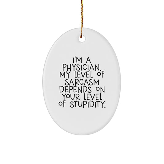 Funny Physician Gifts for Christmas, Oval Ornament with 'I'm A Physician. My Level Of Sarcasm Depends On Your Level Of Stupidity.' Quote Gifts from Friends, Coworkers, Family - Image 1