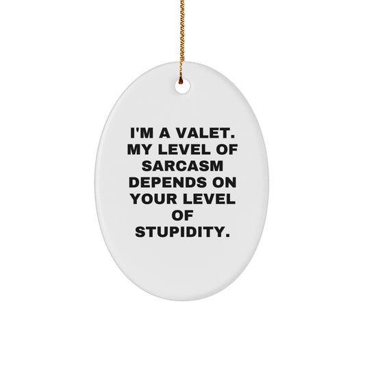 Funny Valet Gifts from Men for Christmas Unique Oval Ornament, I'm A Valet My Level Of Sarcasm Depends On Your Level Of Stupidity Valet, Oval, Decor, Xmas - Image 1