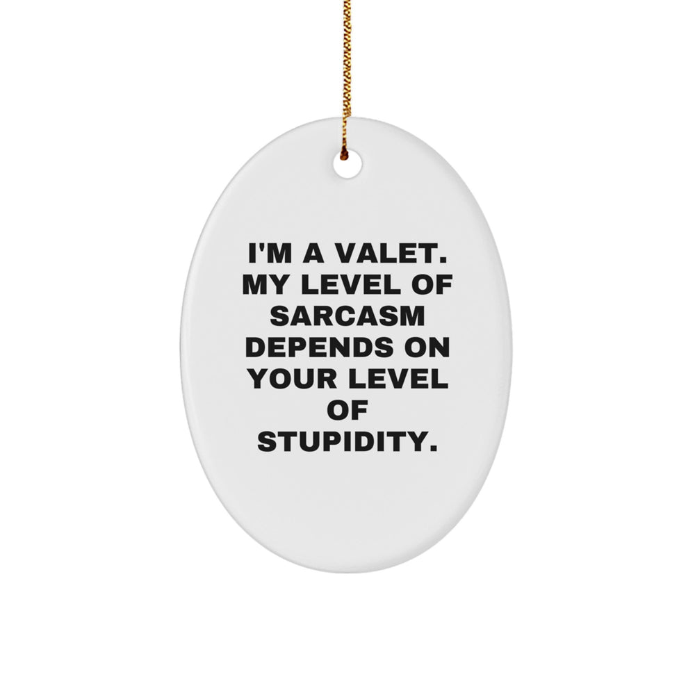 Funny Valet Gifts from Men for Christmas Unique Oval Ornament, I'm A Valet My Level Of Sarcasm Depends On Your Level Of Stupidity Valet, Oval, Decor, Xmas - Image 1