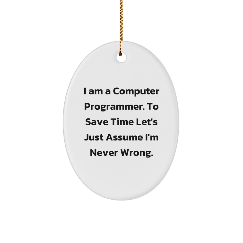 Funny Computer Programmer Gift for Men - Oval Ornament I Am Never Wrong Quote, Christmas Unique Gifts, Computer Programmer Decorations, Oval Shaped MDF Wood, Gold Cord - Image 1