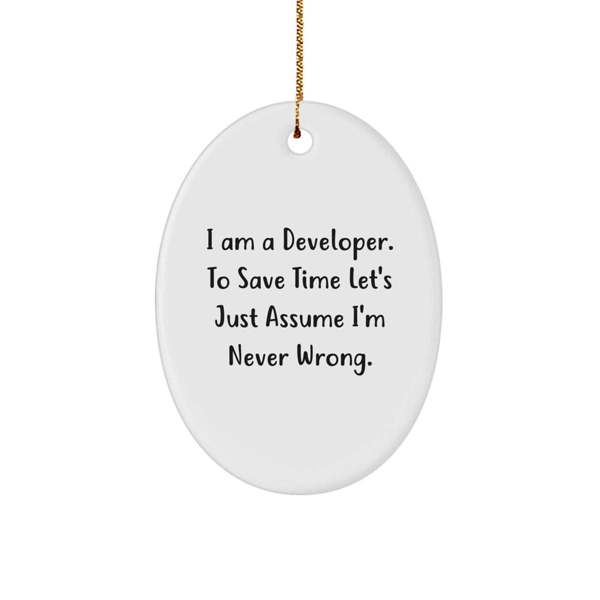Funny Developer Gifts from Friends, Oval Shaped Ornament for Christmas Unique Gifts for Men or Women, 'I Am A Developer. To Save Time Let's Just Assume I'm Never Wrong.' - Image 1