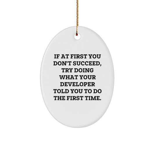 Funny Developer Gift Ideas, Oval Ornament for Christmas, 'If At First You Don't Succeed...' Motivational Developer Decor - Image 1