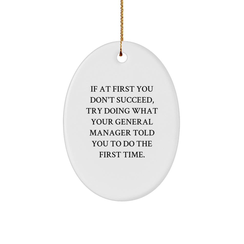 Funny General Manager Gifts, Oval Ornament with Quote: 'If At First You Don't Succeed, Try Doing What Your General Manager Told You To Do The First Time.' from Friends and Family for Christmas - Image 1