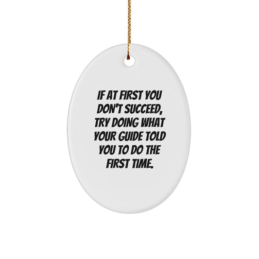 Funny Guide Gifts for Him from Friends, 'If At First You Don't Succeed, Try Doing What Your Guide Told You To Do The First Time.' Christmas Oval Ornament - Image 1