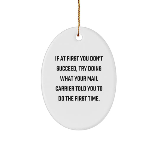 Funny Mail Carrier Gifts from Friends and Family - Oval Ornament with 'If At First You Don't Succeed, Try Doing What Your Mail Carrier Told You To Do The First Time.' Quote - Christmas Unique Gifts - Image 1