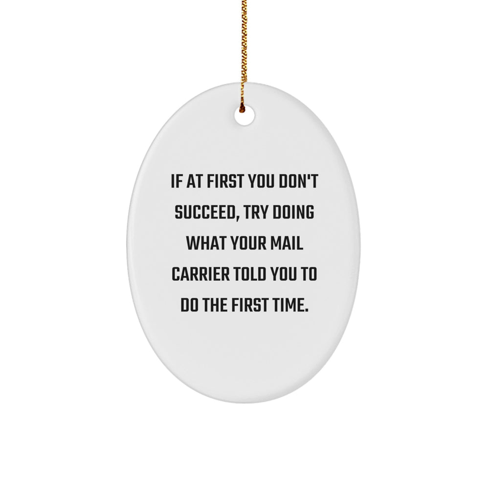 Funny Mail Carrier Gifts from Friends and Family - Oval Ornament with 'If At First You Don't Succeed, Try Doing What Your Mail Carrier Told You To Do The First Time.' Quote - Christmas Unique Gifts - Image 1