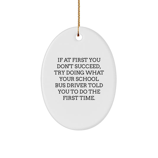 Funny School Bus Driver Gifts from Friends, Family, or Coworkers - Oval Ornament with 'If At First You Don't Succeed...' Quote, Perfect for Christmas - Image 1