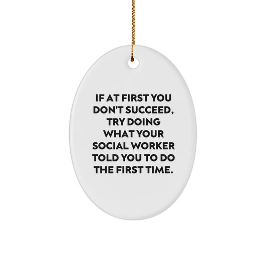 Funny Social Worker Gift, Oval Ornament for the Best Social Worker, If At First You Don't Succeed, Gifts from Friends to Social Worker - Image 1