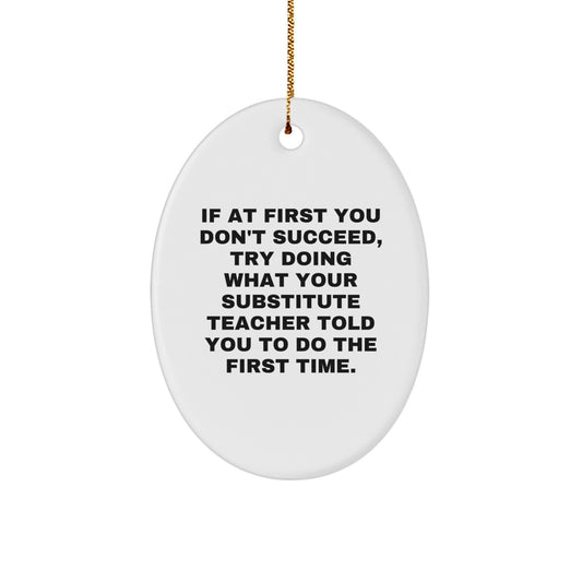 Funny Substitute Teacher Gifts from Friends, Oval Ornament, If at First You Don't Succeed Try Doing What Your Substitute Teacher Told You To Do The First Time - Image 1