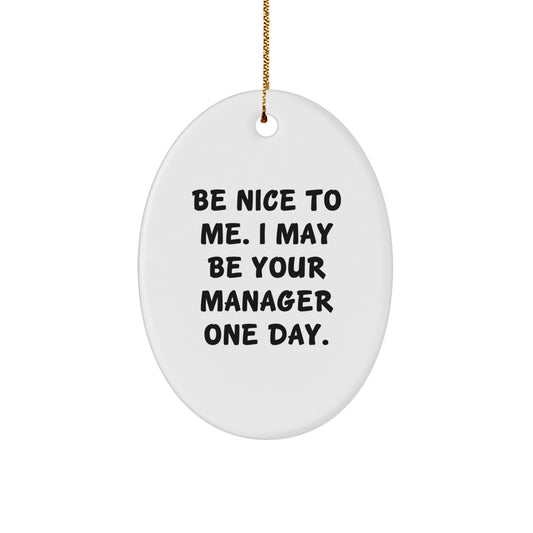 Funny Manager Gifts from Friends for Christmas Unique Oval Ornament 'Be Nice To Me. I May Be Your Manager One Day.' - Image 1