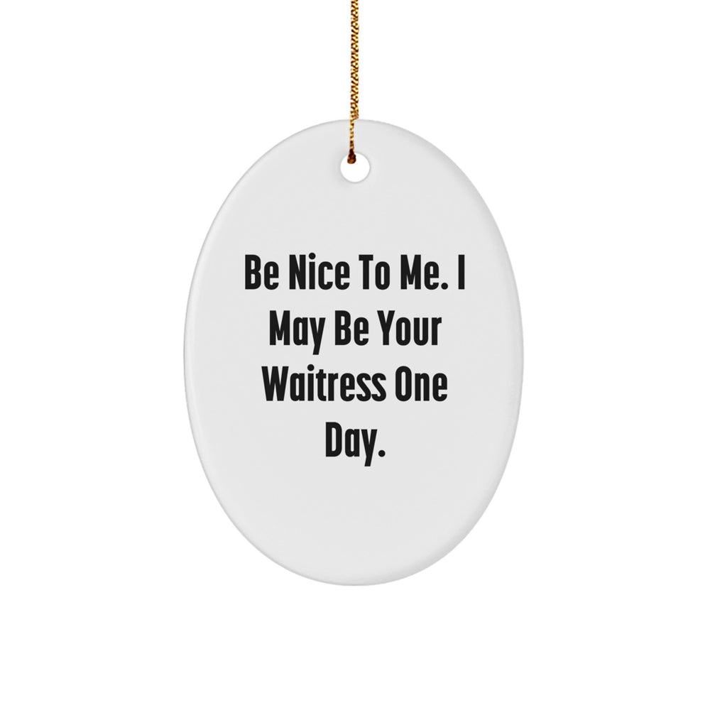 Funny Waitress Oval Ornament Gifts from Men to Friends at Christmas with 'Be Nice To Me, I May Be Your Waitress One Day' Quote - Image 1