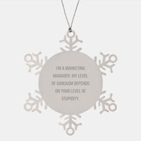 Load image into Gallery viewer, Funny Marketing Manager Christmas Unique Gifts from Friends, Snowflake Ornament, I&#39;m A Marketing Manager My Level Of Sarcasm Depends On Your Level Of Stupidity - Image 1
