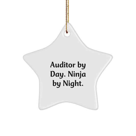 Funny Auditor Gifts from Men to Women, Christmas Unique Star Ornament, Inspirational Quote 'Auditor By Day. Ninja By Night.' - White Color, Star Shaped, Durable MDF - Image 1