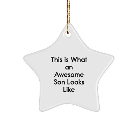 Funny Son Gifts from Family for Christmas - This Is What An Awesome Son Looks Like Star Ornament, White, 3.25" Tall - Image 1