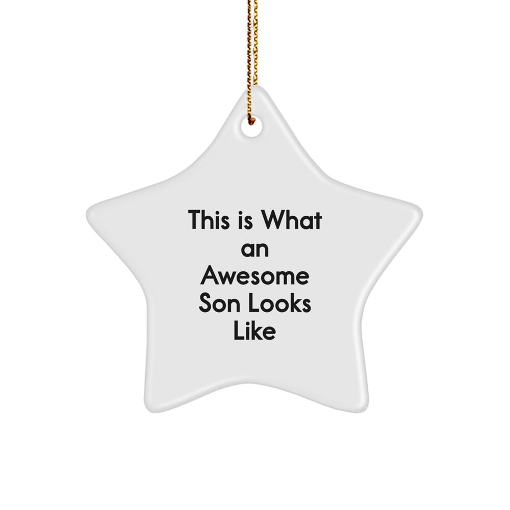 Funny Son Gifts from Family for Christmas - This Is What An Awesome Son Looks Like Star Ornament, White, 3.25" Tall - Image 1