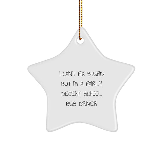 Funny School Bus Driver Quotes Gifts for School Bus Driver Friends - 'I Can't Fix Stupid But I'm A Fairly Decent School Bus Driver' Star Ornament for Christmas - Image 1