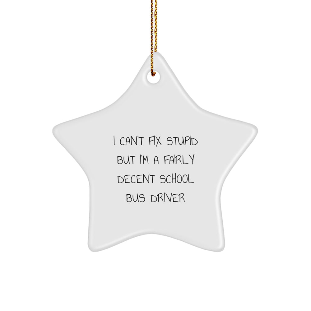 Funny School Bus Driver Quotes Gifts for School Bus Driver Friends - 'I Can't Fix Stupid But I'm A Fairly Decent School Bus Driver' Star Ornament for Christmas - Image 1
