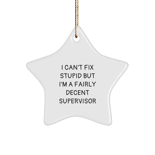 Funny Supervisor Gifts for Men, Women, Friends, Coworkers - 'I Can't Fix Stupid But I'm A Fairly Decent Supervisor' Star Ornament for Christmas - Image 1