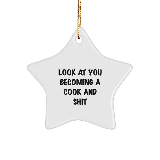 Cook Star Ornament, Funny Quote, White Star Shaped Gift for the Home, Gifts from Friends for Christmas - Image 1