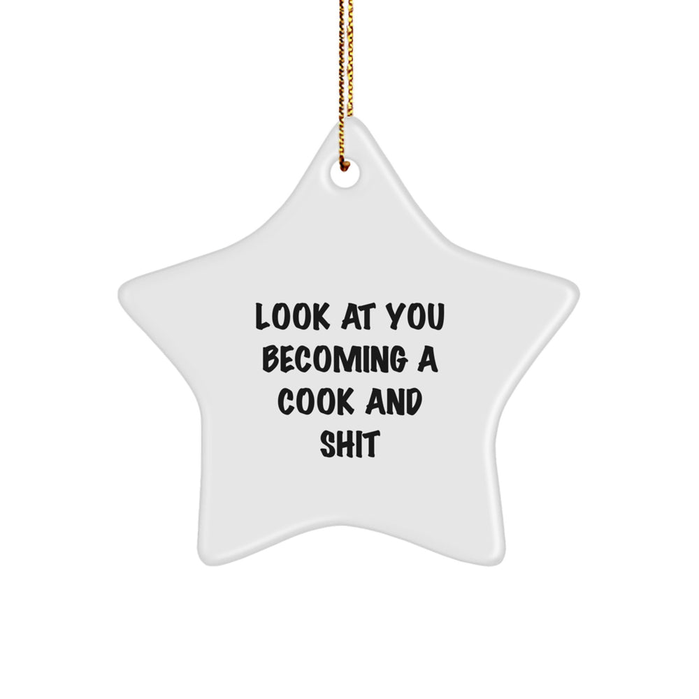 Cook Star Ornament, Funny Quote, White Star Shaped Gift for the Home, Gifts from Friends for Christmas - Image 1