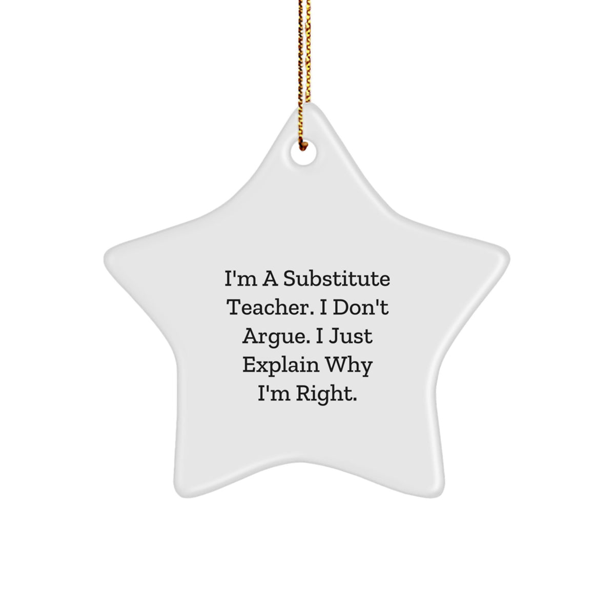 Funny Substitute Teacher Gifts for Christmas - Star Ornament from Men - 'I'm A Substitute Teacher. I Don't Argue. I Just Explain Why I'm Right.' - Image 1