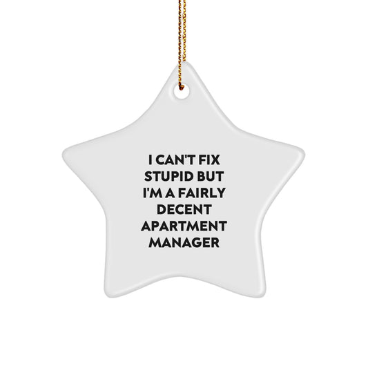 Funny Apartment Manager Gifts - 'I Can't Fix Stupid But I'm A Fairly Decent' Star Ornament, Christmas Decorations for Her, Him, Friends, Coworkers, Family - Image 1