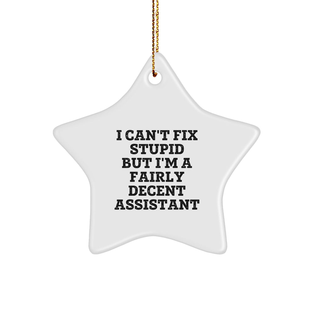 Funny Assistant Gifts for Christmas - 'I Can't Fix Stupid But I'm A Fairly Decent Assistant' Star Ornament, Gifts from Friends to Coworkers - Image 1
