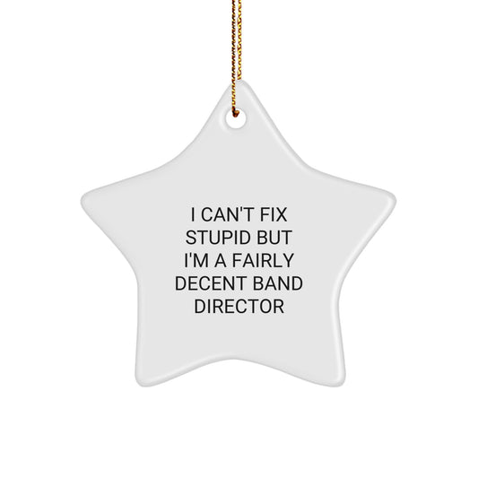 Funny Band Director Star Ornament Gifts from Friends and Family for Men and Women Christmas Unique Decorations, 'I Can't Fix Stupid but I'm A Fairly Decent Band Director' - Image 1