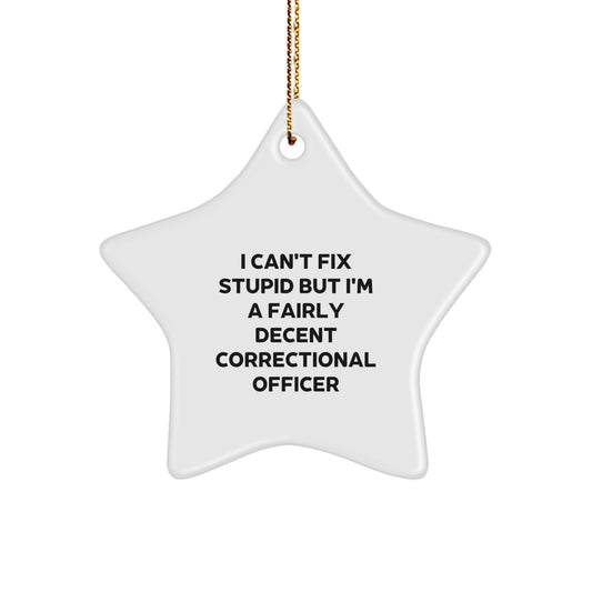 Funny Correctional Officer Gifts from Men for Holiday Season - 'I Can't Fix Stupid But I'm A Fairly Decent Correctional Officer' Star Ornament for Christmas - Image 1